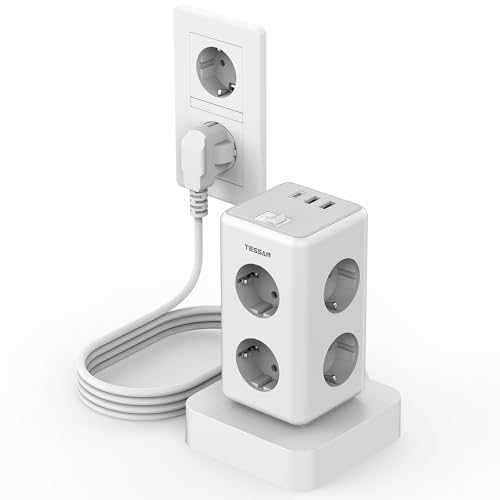 TESSAN Multiprise 6 Prise, 9 en 1 Multiprise avec Interrupteur, Tour Multiprise 2500W 10A, Prise Multiple avec Rallonge Electrique 2M, Multiprise USB C, Multiprise Bureau pour Maison, Cuisine