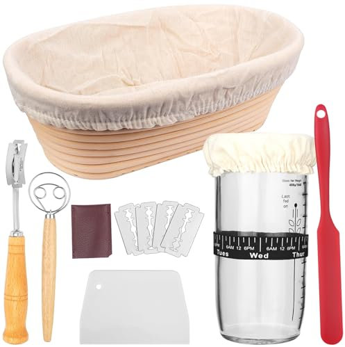 CTDMJ Gärkörbchen 10 Zoll, 7-teilig Sauerteig Brot Gärkorb Set, Sauerteig Starter Set Glas 700ml, 100% Natürlichem Rattan Gärkorb Brot Backzubehör für Brotback Anfänger & Profis