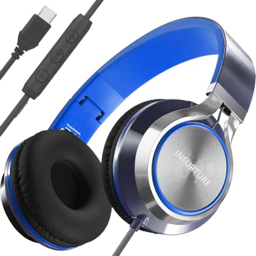 INFURTURE Auriculares con cable USB C (tipo C) con micrófono y control de volumen, línea trenzada sin enredos, auriculares sobre la oreja, ligeros y plegables para smartphone, tablet, iPhone 16/15