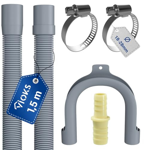 VIOKS Set Flexibler Abwasserschlauch Spülmaschine 1,5 Meter 19/22mmØ + 2x Klemmen Schlauchschellen Edelstahl 18-28mmØ + 1x Schlauch Verbindungsstück + 1x Haltebogen - Ablaufschlauch Waschmaschine Set