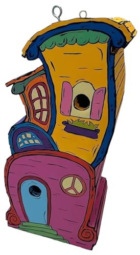 Casa de pájaros de madera para exteriores, bonita casa de pájaros, hecha a mano en aspecto de cabaña de troncos, con percha, multicolor, resistente a la intemperie para jardín