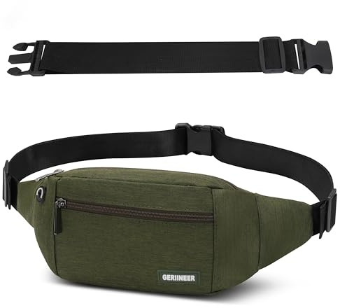 GERIINEER Sac Banane Homme Femme Ville De Sécurité pour Voyage Ou Outdoor Sport, Sacoche Banane de Sport Ceinture de Course avec Ceinture allongée de 30 cm (Olive)