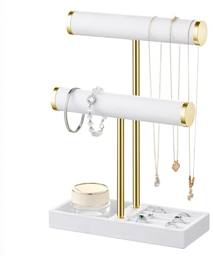 Josmimic Organizador de Joyas con 2 Niveles – Soporte para Joyas de Color Blanco barra en T extraíble Soporte de Joyas de Terciopelo para Pulseras, Collares, Relojes, Anillos