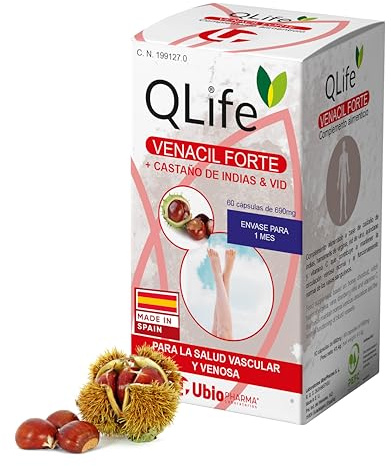 QLife Venacil Forte – Complemento Alimenticio para Piernas Cansadas con Castaño de Indias, Vid Roja, Arándano, Hamamelis y Vitamina C – Apoyo Circulación y Vasos Sanguíneos – 60 Cápsulas