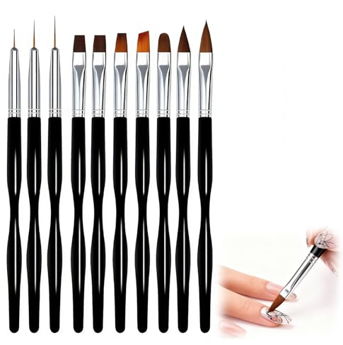 Juego de pinceles para decoración de uñas, 10 pinceles profesionales para diseños de uñas, pincel delineador fino, color negro, ideal para técnica francesa y detallado artístico
