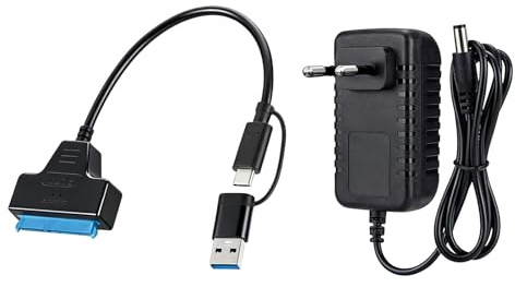 Adaptador SATA a USB 3.0 y Type-C con Fuente de Alimentación, Cable SATA a USB para Disco Duro Externo HDD/SSD de 2.5 y 3.5 Pulgadas, 5Gbps Alta Velocidad, Compatible con Windows, Mac, Linux