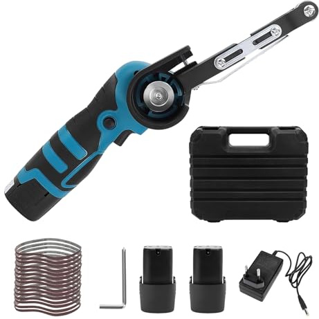 Rettificatrice a nastro, con 15 nastri abrasivi (grana 80-1000), 2 batterie + caricabatterie, batteria agli ioni di litio da 16,8 V, 7000 giri/min, mini smerigliatrice per legno, metallo e superfici