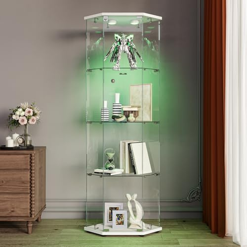 belupai Vetrina angolare in vetro con LED, 162 cm armadio vetrina per collezione con 1 anta 4 ripiani, vetrina in vetro in piedi con serratura e base, mobile vetrina in vetro statuetta soggiorno