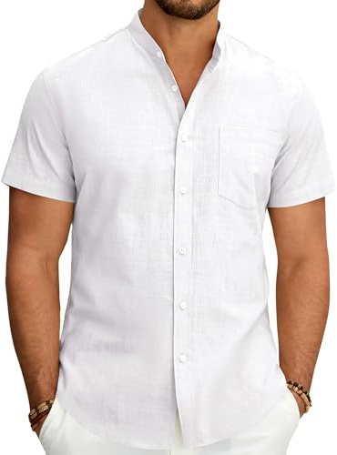J.VER Mens Linen Shirts Short Sleeve Grandad Collar Regular Fit Summer Beach Holiday Casual Fashion Shirt with Pocket