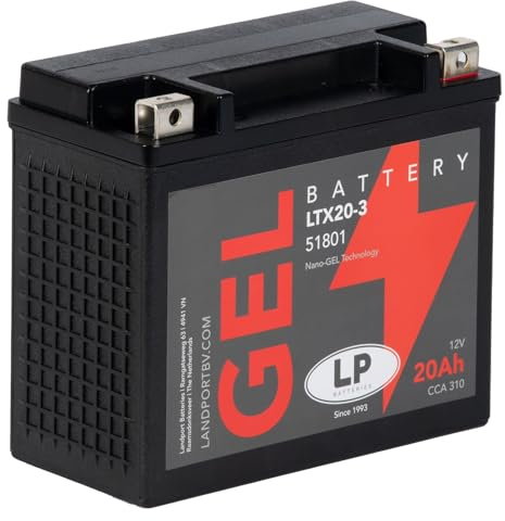 LANDPORT Batterie LTX20-3 Gel 12V 20Ah kompatibel für Yamaha XVZ, XVS, Triumph Trophy, Tiger, Kymco MXU, HD XL, VRSCF, FXSTS, FLSTN, YTX20L-BS 52014 82000 CTX20L-BS GTX20-BS