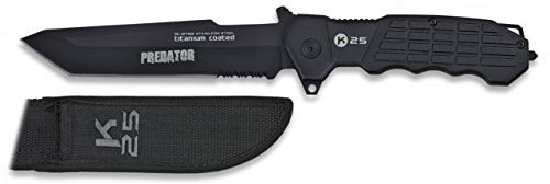Cuchillo K25 Predator Negro Funda Hoja 14 para Caza, Pesca, Camping, Outdoor, Supervivencia y Bushcraft K25 31768 + Portabotellas de regalo