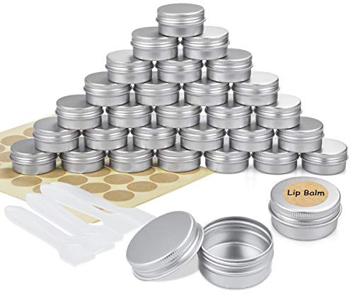 30 Pezzi Vasetti Alluminio, Barattoli Metallo Vasetto Vuoto Contenitori Cosmetici con copri di Vite e etichette e Mini Spatola per Crema Campione Cosmetici Balsamo Labbra - 20ml