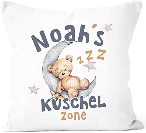 SpecialMe® Kissen-Bezug für Kinder Teddy Mond Kuschelzone Wunsch-Name personalisierte Geschenke Baby weiß 40cm x 40cm
