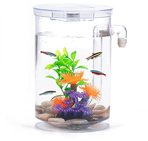 Kampffisch Aquarium Klein Komplettset, 3.5 L Aquarium Set Komplett mit LED-Beleuchtung, Kieselsteinen, künstlichen Korallen und Wasserpflanzen sowie automatischer Reinigungs- und Abwassersystem