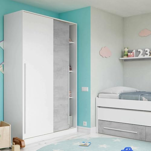 Guardaroba 2 Ante Downey, Armadio per Camera da Letto, Mobile con Barra Appendiabiti e 3 Ripiani, 120x50h200 cm, Cemento e Bianco