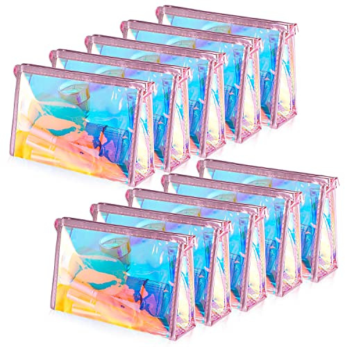 BESARME 10 sacchetti olografici per il trucco, in PVC trasparente, iridescenti, portatili, con cerniera, impermeabili, per donne, ragazze, bagno, vacanze, Rosa viola olografico
