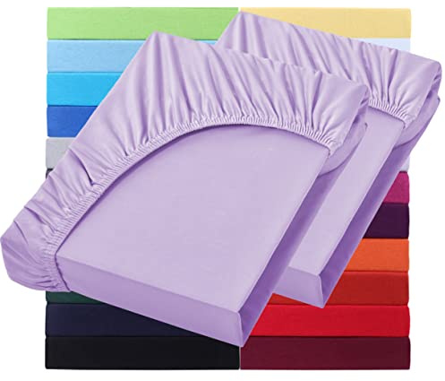 NatureMark Basic Uppsättning av 2 jersey dra-på-lakan, 90 x 190 cm – 100 x 200 cm – 25 cm tjocklek – 100 x 200 cm spännlakan – 100 % bomull, syren/lavendel