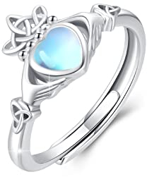 Claddagh Ring Damen 925 Sterling Silber Mondstein Irischer Ring Claddagh Herz Ringe Verstellbar Offener Ringe Geschenk Schmuck für Damen (Mondstein)