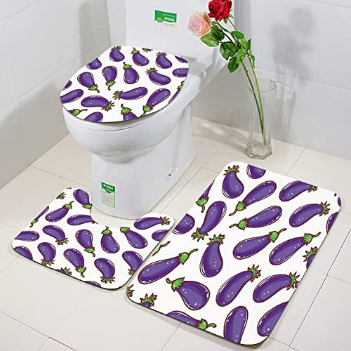 Rutschfeste Badematten 3 teiliges Set,Auberginen, süße Auberginen mit weissen Flecken auf weissem Untergrund Gesu,Hohe Wasseraufnahme, weiche Mikrofaser, WC-Vorleger, WC-Sockelmatte, maschinenwaschbar