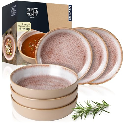 Moritz & Moritz TERRA Juego de 6 Platos Hondos Rosa de 700 ml Cada Uno - Ø 19 x 4,5 cm - en Rosa Sutil de Porcelana - Platos Hondos para Sopas, Ensaladas, Cereales, Pasta