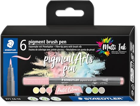 STAEDTLER brush pen pigment Arts, Premium-Zeichentusche, Pinselspitze für variable Linienbreite, wasserfest, schnelltrocknend, 6 brush pens in sortierten Farben im Kartonetui, 371 C6-10