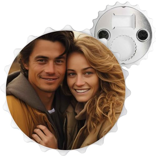 GRAVURZEILE Personalisierter Flaschenöffner in Kronkorkenform - Personalisiert mit eigenem Bild und Wunschtext - Für Flaschen mit Kornkorken und Drehverschluss - Kühlschrankmagnet - Rund