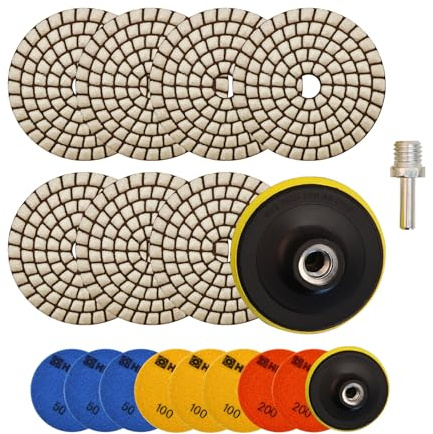 HIGHDRIL Lot de 10 tampons de polissage diamant pour usage à sec - Ensemble de 8 tampons de polissage pour marbre - Patins abrasifs - Grain 50*3/100*3/200*2 + Disque de support fileté M14 + Adaptateur