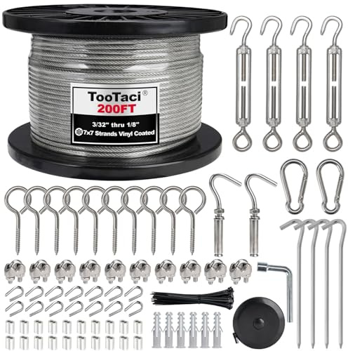 TooTaci 1/8 Wire Rope Kit, 200FT Vinyl Coated Stainless Steel Cable with M5 Turnbuckles for Cables, Tension Wire for Outdoor, Garden, Curtain, Clothesline, Sunshade Sail