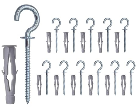 HomeHand Screw-in Cup Hooks with Nylon Anchors, Metal Wall Hook Hardware Kit for Drywall, Brick, Concrete, and Wood, 12-Piece Set