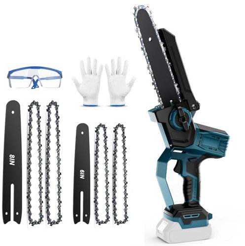 Cordless Chainsaw Compatible with Bosch B 18V Battery, 6-8 Inch Brushless Handheld Chainsaw with Battery Display, Auto Oiler, 2 Plates, 4 Chains, Gloves and Goggle (No Battery)