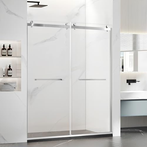 Porfectik Paris Shower Door, 60 W x 74 H Double Sliding Shower Door with 5/16(8mm) Clear SGCC Tempered Glass, Bathroom Framed Shower Glass Doors, Brushed Nickel