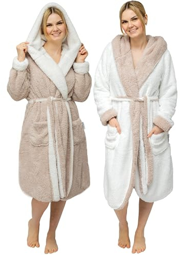 CalmyLIFE Peignoir pour femme réversible avec capuche, Taupe/Naturel, L