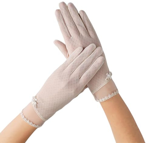 DWE Womens Sun Protection Gloves, Summer Women Driving Gloves Ladies Non Slip Ice Silk Sunblock Gloves Full Finger Touchscreen Gloves Mittens for Cycling Driving Riding (Flower Beige)