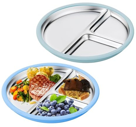 WIYETY 2 stycken barntallrikar i rostfritt stål: Baby tallrik med sugkopp, 23 cm delade barntallrikar, inte halkfri okrossbar för vuxna bariatric småbarn lunchbord, camping matbord (blå, grön)