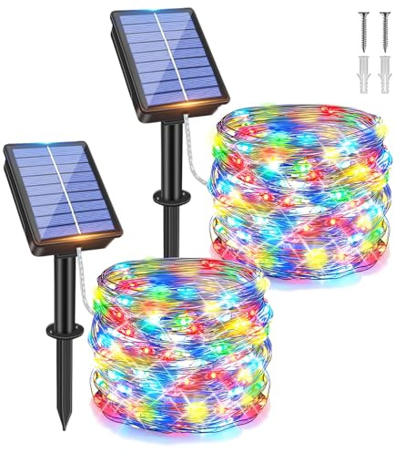 Hopelit Lot de 2 guirlandes lumineuses solaires d'extérieur - Fil de cuivre - 20 m - 200 LED - 8 modes - Résistantes aux intempéries - Pour jardin, balcon, sapin de Noël - Multicolore