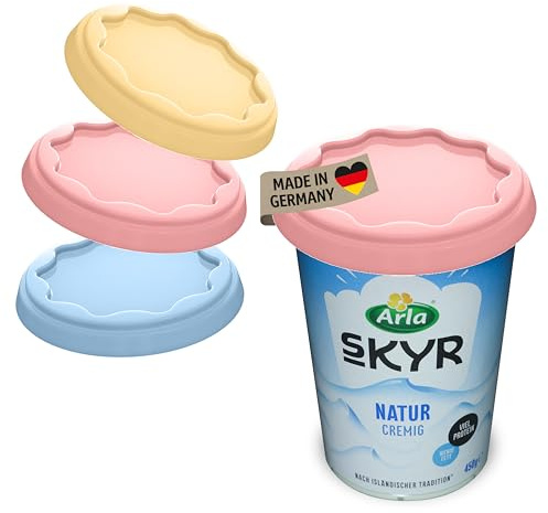 Koziol FRESH Mehrweg-Frischedeckel 3er-Set | robuste & dehnbare Abdeckung für Joghurtbecher (500 ml) | Wiederverwendbar, auslaufsicher & spülmaschinengeeignet | (Sweet Blue/Pink/Yellow)