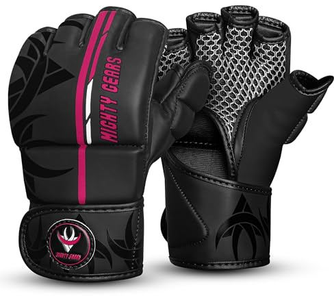 Mighty Gears Matte Black MMA Gloves Martial Arts Mitts Grappling Sparring Men Muay Thai Cage Fighting Boxing Combat Sports Women pink UFC Punching Bag Training (Pink, S)