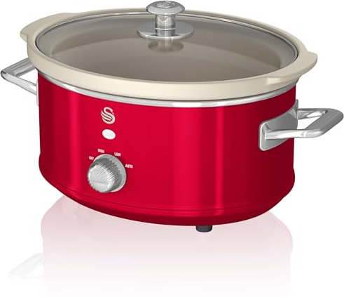 Swan Retro SF17021RNEU Schongarer, 3,5 l, abnehmbarer Behälter, Antihaftbeschichtung, Keramik, frei von PFOA und PTFE, 3 Temperaturstufen, Glasdeckel, Slow Cooker, Vintage-Design, Rot, 200 W