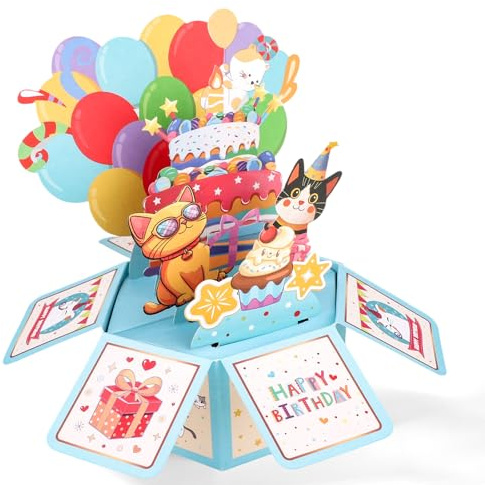 Biglietto di Auguri Pop Up Compleanno con Gatto Carino, Design Torta Gatti Palloncini Colorati Biglietto di Auguri Compleanno 3D con Busta per Donne e Uomini Amanti dei Gatti Regali Creativi