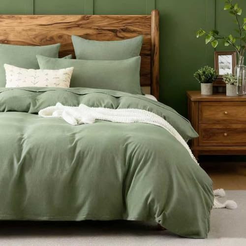 Bettwäsche 200x200 Baumwolle Set – Gewaschene Baumwolle 100% Weich & Atmungsaktiv, 60°C Waschbar, Stonewashed Leinenoptik, OEKO-TEX, Doppelbett Bettwäsche 200x200 mit 2x Kissenbezug 80x80, Salbeigrün