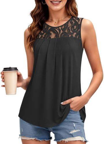 PLMOKEN Canotta Donna Estiva con Pizzo, Canotte Estive Eleganti, Top Senza Maniche Lungo, Abbigliamento Estivo Camicette Blusa per Donne Nero XL
