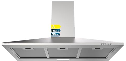 Cecotec Campana Extractora Piramidal 90 cm Bolero Flux PM 904000 Inox A. Succión 382,5 m³/h, 3 Velocidades, Filtros de Carbono Incluidos, Clase A, Motor BLDC y Luz LED