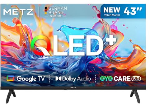 Metz 43 Pouces (108 cm) Smart TV FHD Google Television LED, Gen 6 QLED +, HDR 10 Dolby Audio Bluetooth 5,1 EyeCare Tuner DVB-T/T2/C/S/S2 CI+ (43MQH7000Z, 2026 Nouveau Modèle)