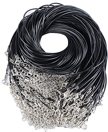 AONER 100 STK. Halskette Kunstleder ca. 49 cm Kette mit Karabinerverschluss und Verlängerungskette Halsband Band Lederbänder Lederschnur für Damen und Herren (Schwarz)