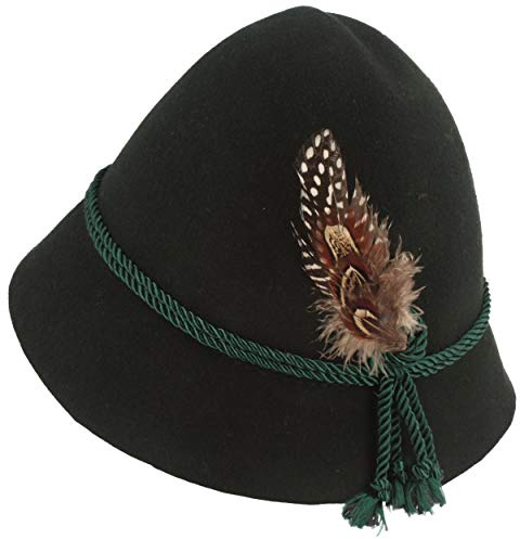 Breiter Cappello per Bambini in Feltro per Costume Regionale Berretto Tradizionale Bavarese 100% Lana con Cordoncino di Seta e Piccola Piuma per Ragazze e Ragazzi Verde 50