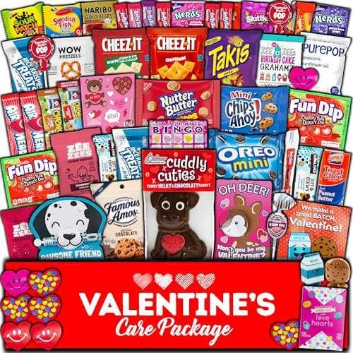 Valentine's Day Gift Care Package (50ct) Snacks Chocolates Candy Box Assortment Variety Bundle Present Kids Adults Boy Girl Guy Friend College Husband Wife Boyfriend Girlfriend Love