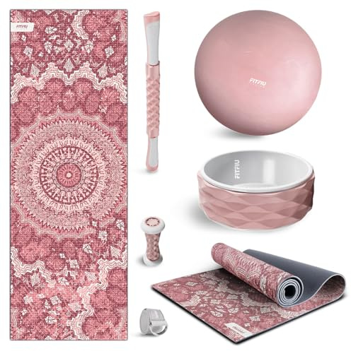 FITFIU Fitness KITWELL-600 Pack de 6 Accessoires Yoga Pilates Couleur Rose avec Tapis, Balle, Roue, Sangle et 2 Masseurs Inclut Guide d’Exercices Wellness