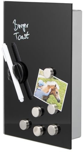 bremermann Cassetta portachiavi con frontale in vetro, scrivibile, 8 ganci, 6 magneti, 1 pennarello, 1 supporto per pennarello, corpo in metallo verniciato a polvere (nero)