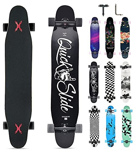 Opurtdor Longboard 8 Layers Decks 46x8 Skateboard Pro Complete Skate Board Maple Wood Long Board for Adults Beginners (Black White)