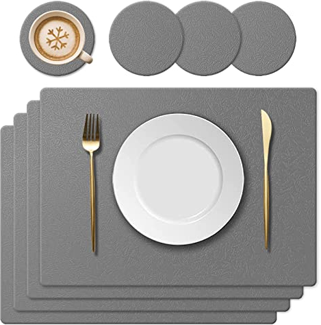 KERYCHIN Silicone Placemats and Round Glass Coasters, Washable Heat Resistant 220 °C, Non-Slip and Waterproof, Decorative Accessories for Restaurant, Kitchen, Hotel, 40 x 30 cm, 8 Pieces, Dark Grey